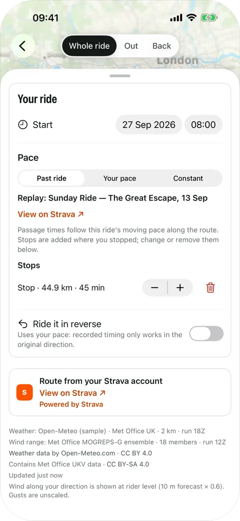 Your ride settings: start time, pace from a past ride, a constant pace or your own pace, a detected 45 minute stop and a switch to ride the route in reverse.