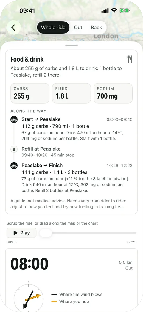 Food and drink: about 255 g of carbs and 1.8 litres to drink, split into the leg to the café stop and the leg home, with a refill at the stop.