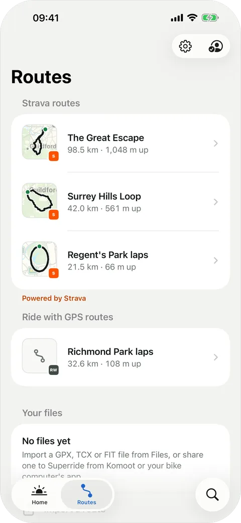 Routes list with saved Strava routes, a Ride with GPS route and a section for your own files.